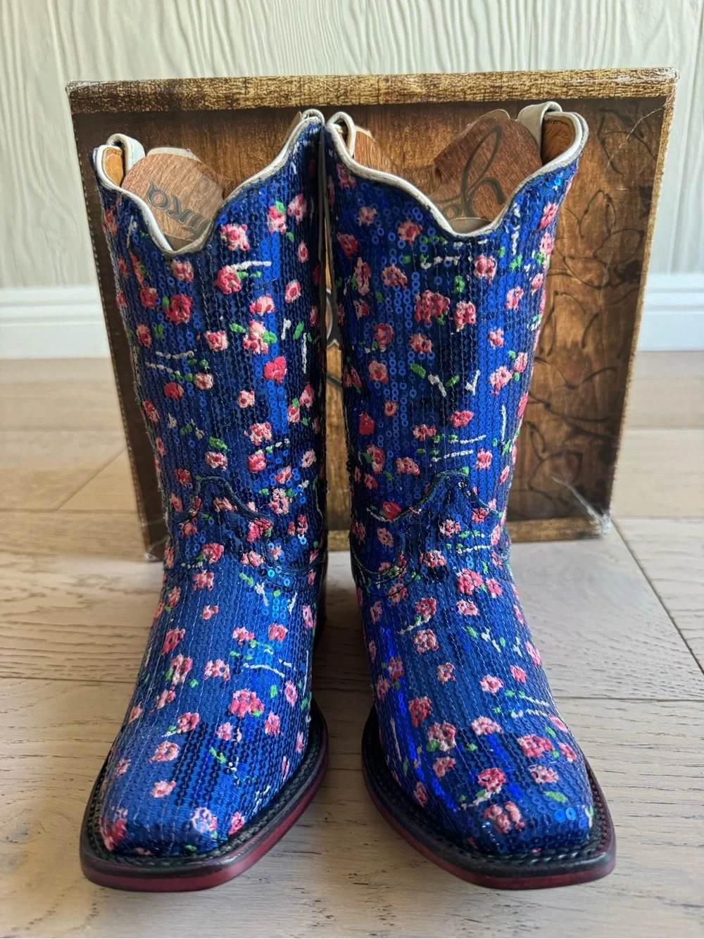 YADIRA Girl's Blue Sequin Floral Cowboy Boots with White Pull Tabs Sz: 12
